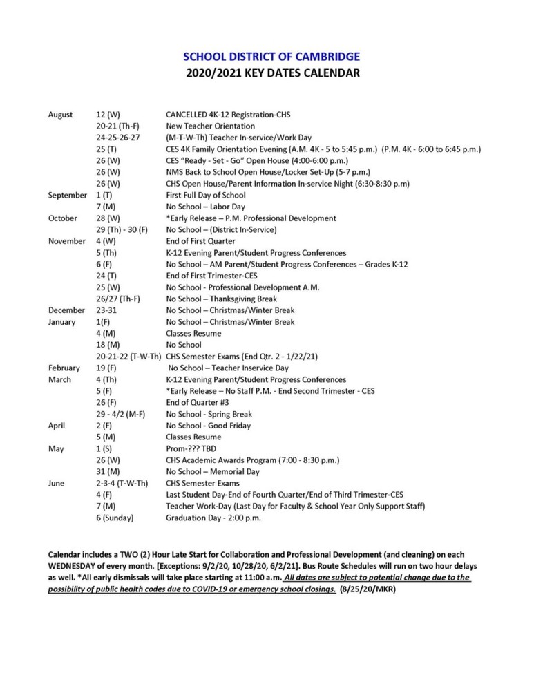 Cambridge Public School Calendar 2025-26