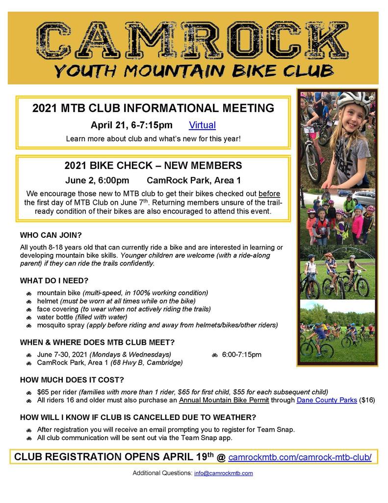 Camrock youth mountain bike club informational meeting April 21st 6:00pm to 7:15pm. Learn more about club and what's new for the year.