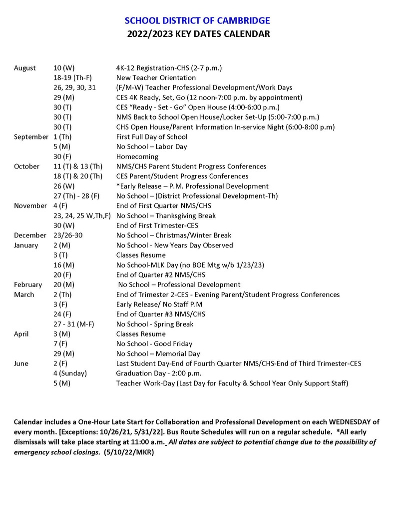 Key Dates Calendar 2022/2023