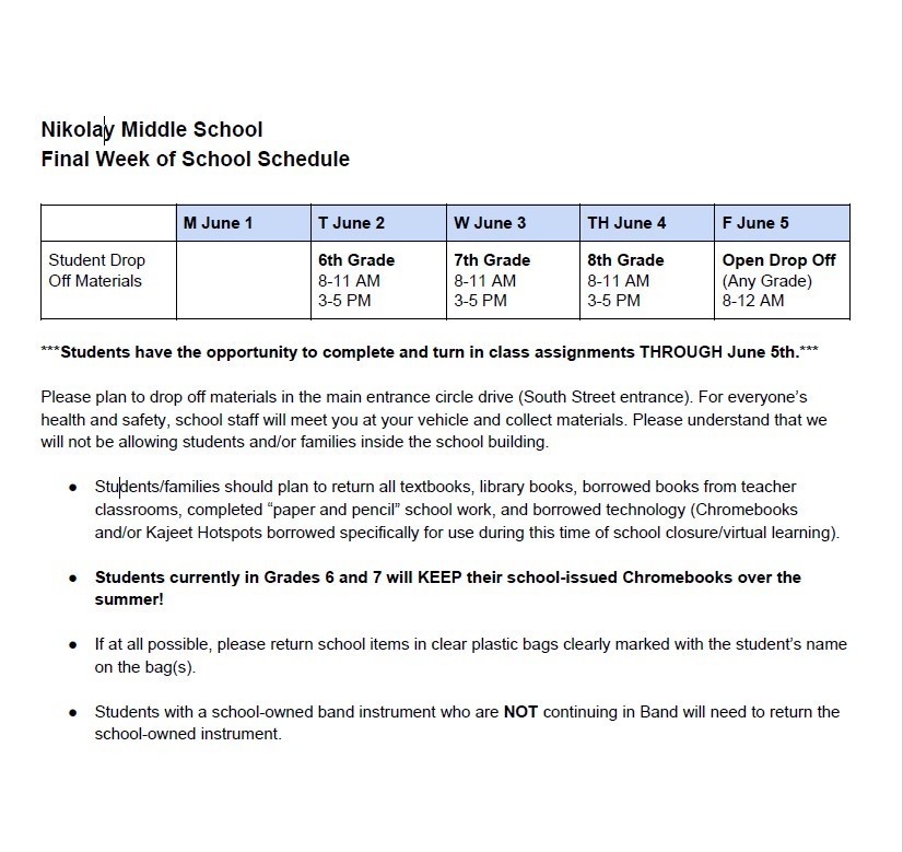 final week schedule